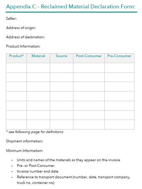 แบบฟอร์ม Reclaimed Material Declaration Form ระบุผู้ขาย แหล่งกำเนิด ปลายทาง และข้อมูลวัสดุ Post-Consumer และ Pre-Consumer