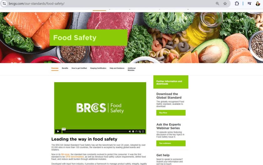 หน้าเว็บไซต์ BRCGS Global Standard Food Safety
