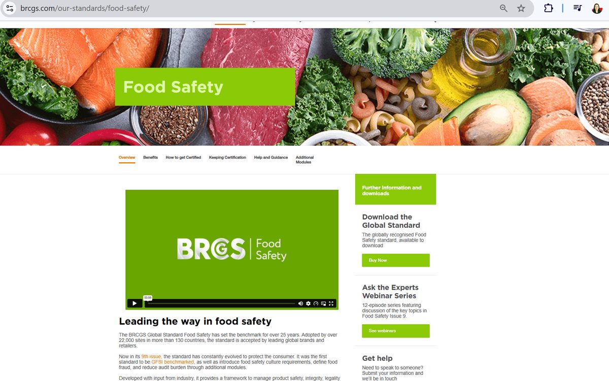 หน้าเว็บไซต์ BRCGS Global Standard Food Safety