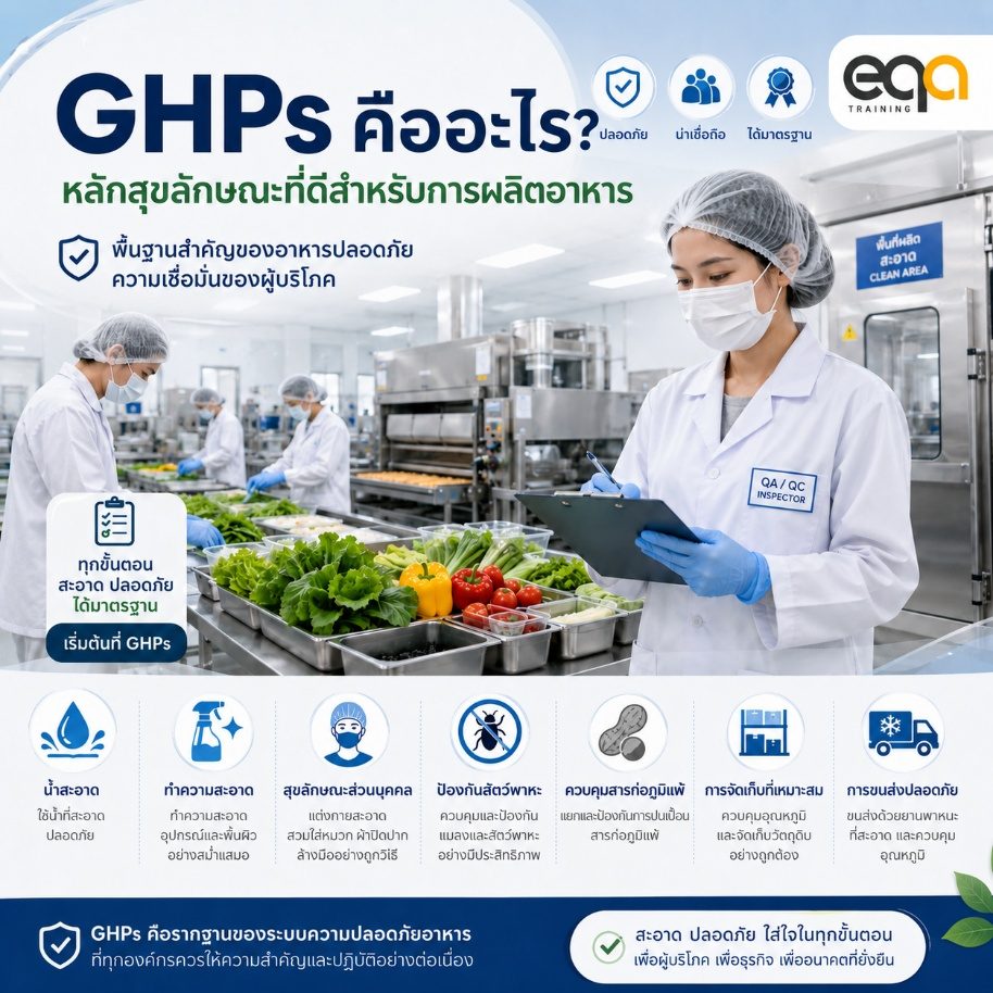อินโฟกราฟิก GHPs คืออะไร หลักสุขลักษณะที่ดีสำหรับการผลิตอาหาร แสดงขั้นตอนสำคัญ ได้แก่ น้ำสะอาด การทำความสะอาด สุขลักษณะส่วนบุคคล การป้องกันสัตว์พาหะ การควบคุมสารก่อภูมิแพ้ การจัดเก็บที่เหมาะสม และการขนส่งที่ปลอดภัย