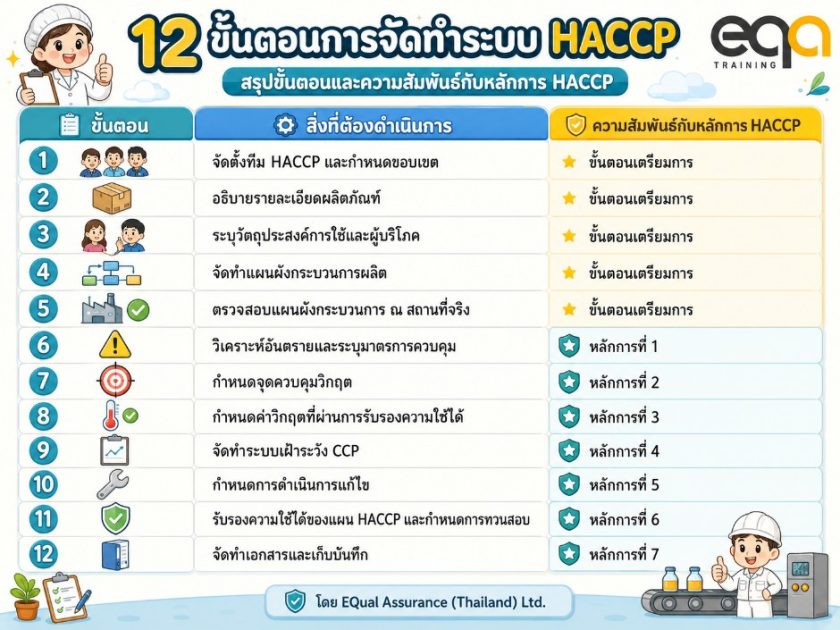 อินโฟกราฟิกสรุป 12 ขั้นตอนการจัดทำระบบ HACCP และความสัมพันธ์กับหลักการ HACCP 7 ข้อ
