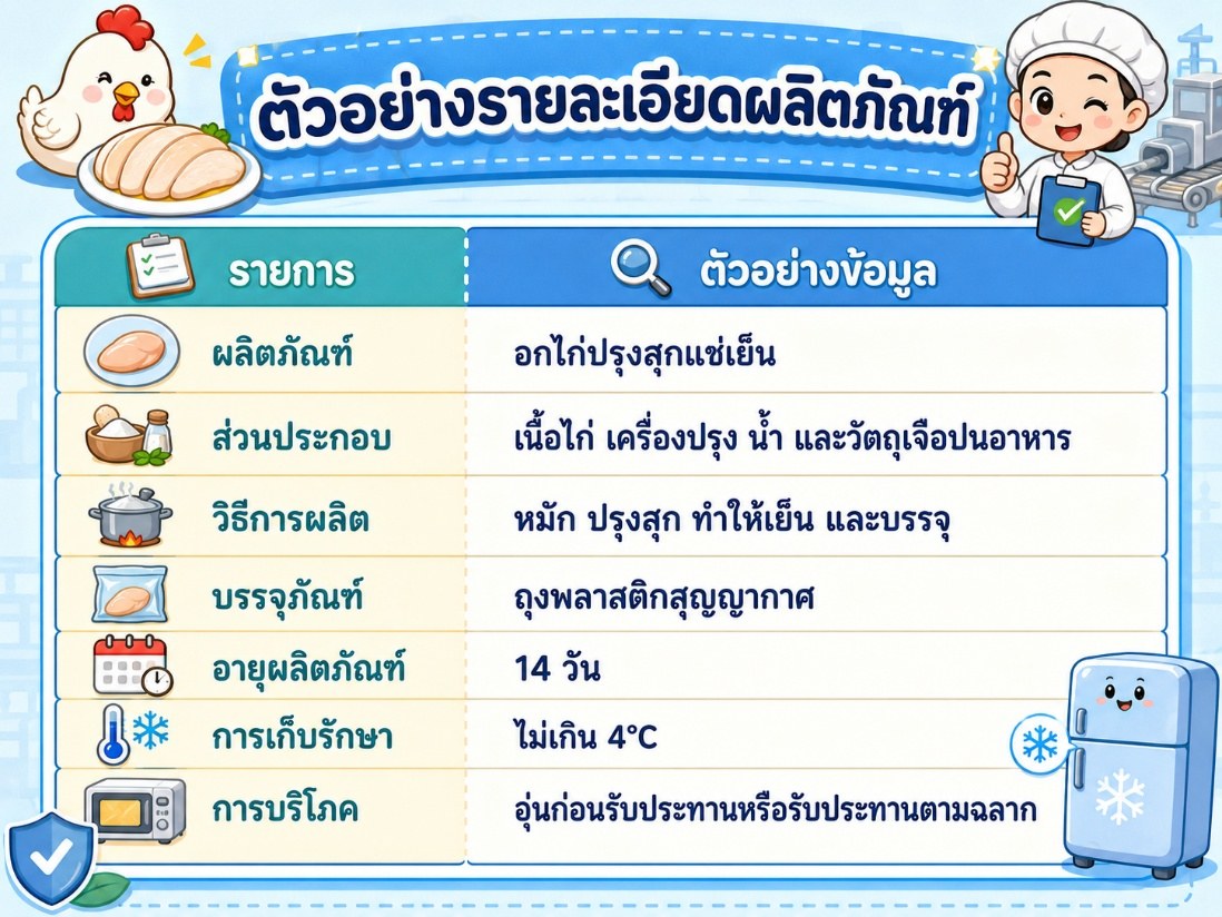 ตัวอย่างรายละเอียดผลิตภัณฑ์สำหรับการจัดทำระบบ HACCP เช่น อกไก่ปรุงสุกแช่เย็น