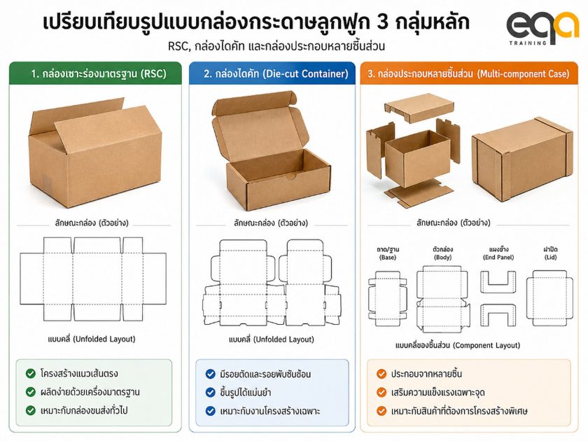 เปรียบเทียบรูปแบบกล่องกระดาษลูกฟูก 3 กลุ่มหลัก ได้แก่ กล่องเซาะร่องมาตรฐาน RSC กล่องไดคัท และกล่องประกอบหลายชิ้นส่วน