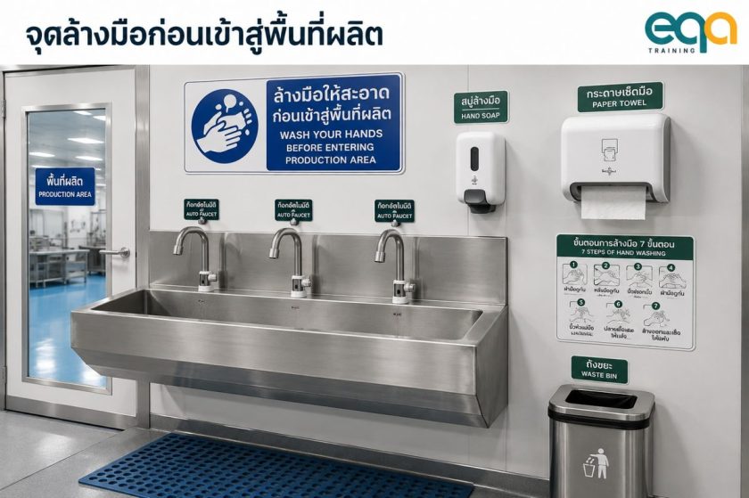 จุดล้างมือก่อนเข้าพื้นที่ผลิตตาม BRCGS Food Safety Issue 9 ข้อ 4.8.4 มีก๊อกแบบไม่ใช้มือ สบู่ กระดาษเช็ดมือ ป้ายเตือน และถังขยะ