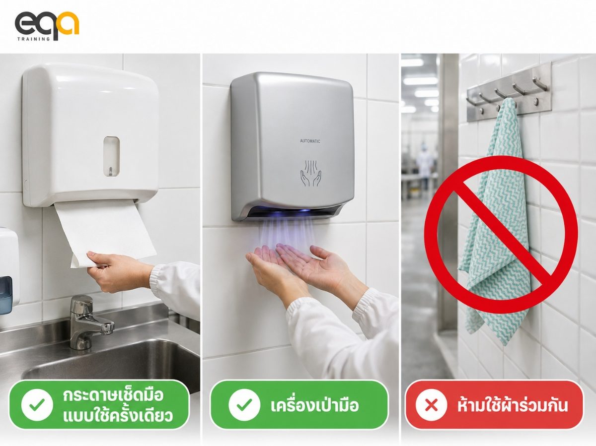 อุปกรณ์ทำให้มือแห้ง กระดาษเช็ดมือแบบใช้ครั้งเดียว เครื่องเป่ามือ และสัญลักษณ์ห้ามใช้ผ้าเช็ดมือร่วมกัน