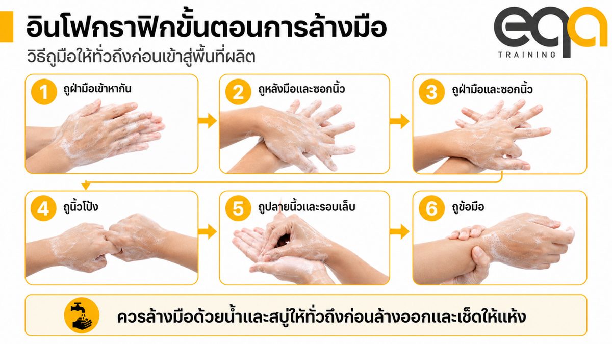 อินโฟกราฟิกการถูมือ 6 ขั้นให้ทั่วถึงทั้งฝ่ามือ หลังมือ ซอกนิ้ว นิ้วโป้ง ปลายนิ้ว และข้อมือ