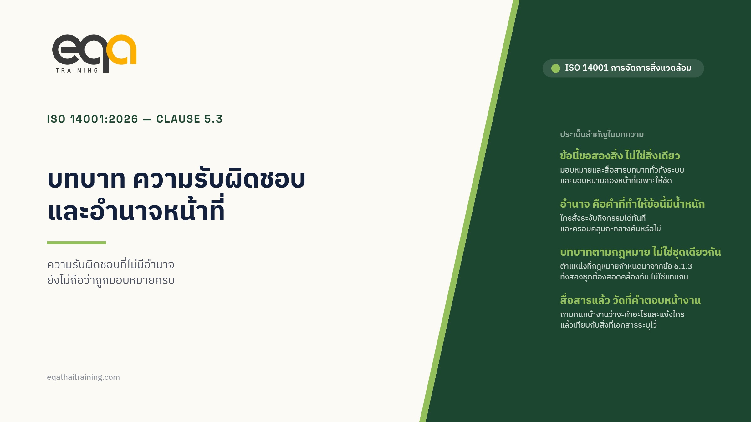 ISO 14001:2026 ข้อ 5.3 บทบาท ความรับผิดชอบ และอำนาจหน้าที่ในองค์กร — อธิบายและตีความข้อกำหนด | EQA Thailand