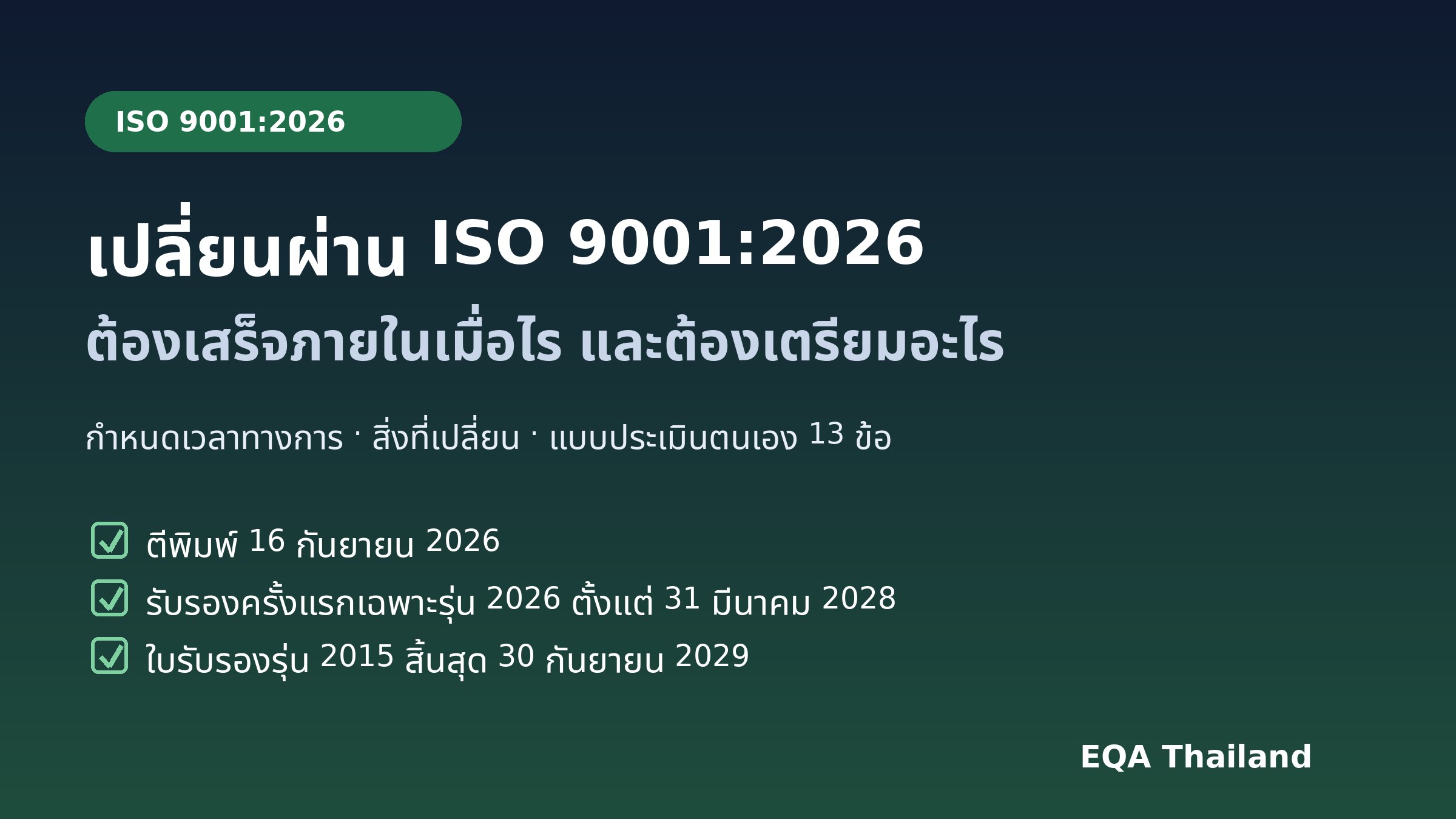 ISO 9001:2026 ต้องเปลี่ยนผ่านภายในเมื่อไร? กำหนดเวลาทางการ สิ่งที่เปลี่ยน และสิ่งที่องค์กรต้องเตรียม | EQA Thailand