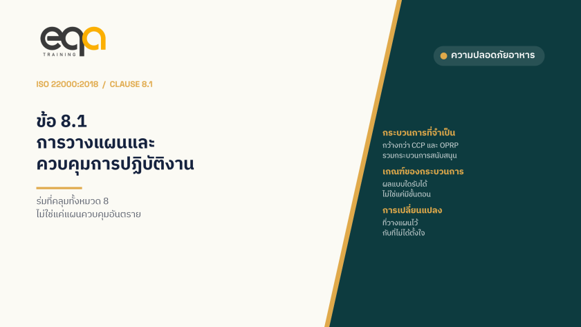ISO 22000:2018 ข้อ 8.1 การวางแผนและควบคุมการปฏิบัติงาน — ร่มที่คลุมทั้งหมวด 8 | EQA Thailand