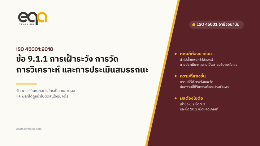 ISO 45001 ข้อ 9.1.1 การเฝ้าระวัง การวัด การวิเคราะห์ และการประเมินสมรรถนะ | EQA Thailand